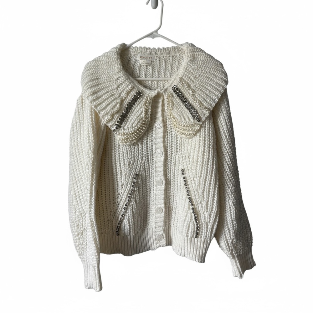 Coco Bleu NWT Chic White Knit Cardigan with Rhinestone Embellishments size Small